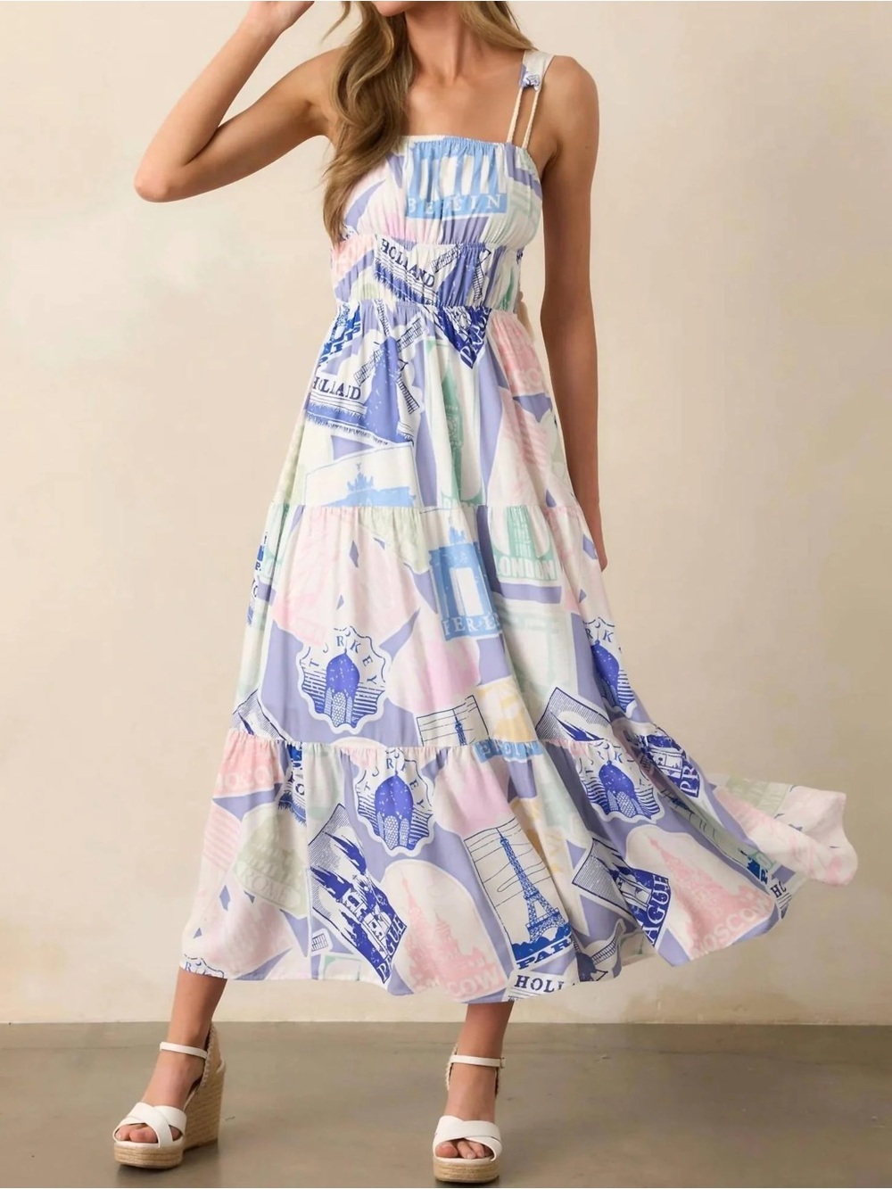 Prosperina Adair Passport Strap MIDI Dress in Pastel Blue & Pink Print NWT sz S